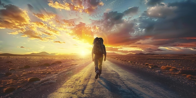 A man carrying a backpack and walking along a deserted road at sunset