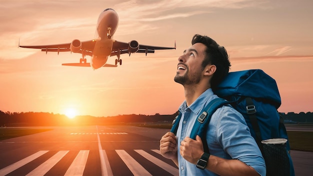 Photo a man carrying a backpack with a backpack on his back walks towards an airplane at sunset