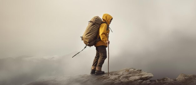 A man carrying a bag is climbing a mountain holding a stick and wearing a thick jacket