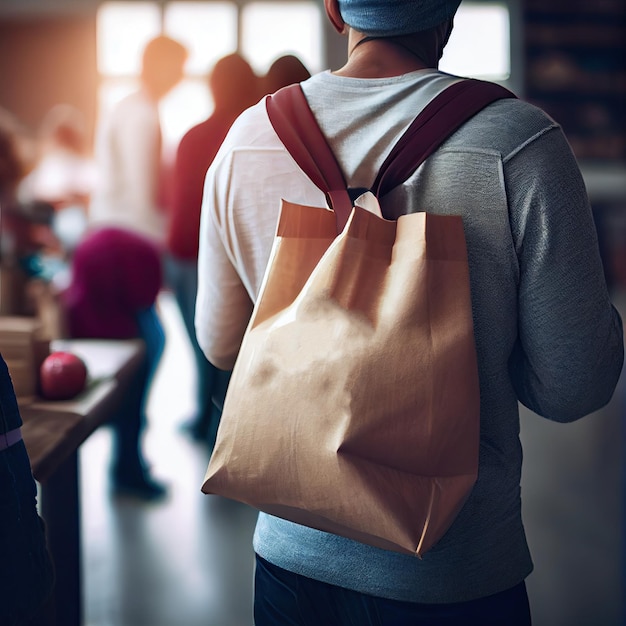 A man carrying a brown paper bag in a restaurant