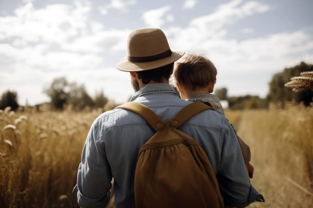 A man carrying a child in a field