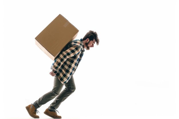 Photo man carrying a large cardboard box on his back walking forward with effort simplistic style ideal for delivery or moving concepts isolated on white background generative ai