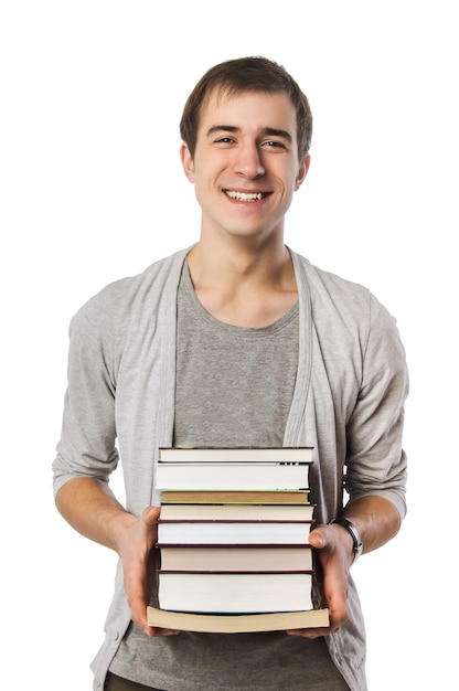 Man carrying a stack of books over white background