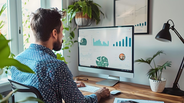 Man in casual attire conducting a virtual meeting from his home office large monitor displaying