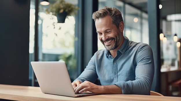 A man in a casual outfit works on a laptop in his office