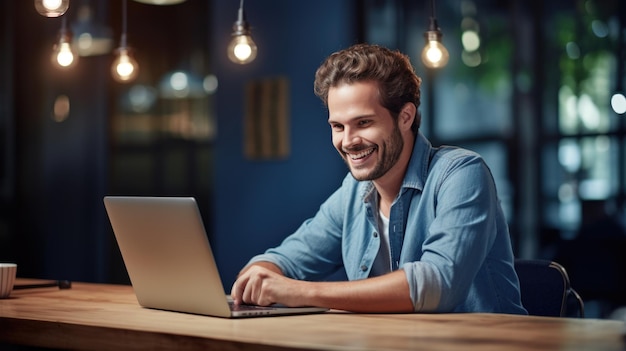 Photo a man in a casual outfit works on a laptop in his office