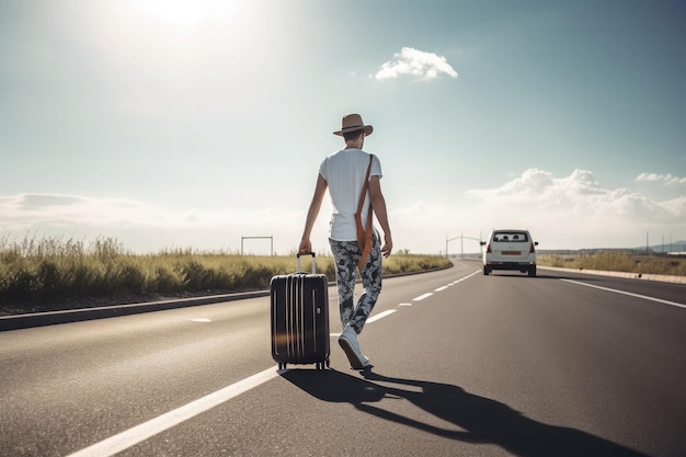 Man in casual wear hitchhiking on roadside Man with suitcase traveling by autostop Generative AI