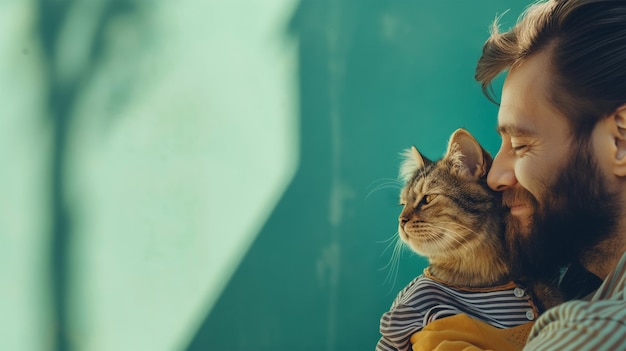 a man and a cat are looking at the camera