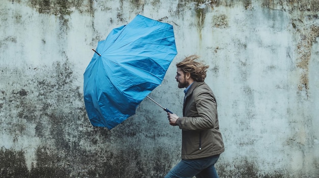 Photo man caught in gust of wind outdoors with blue umbrella