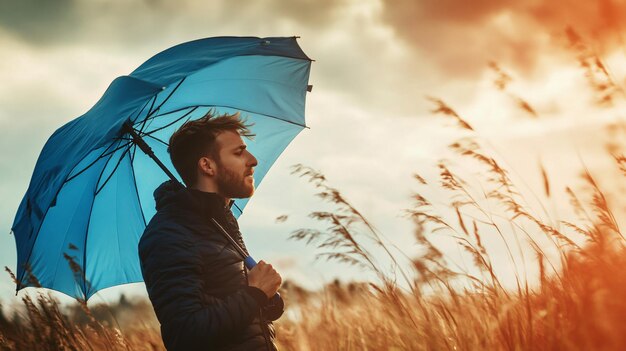 Man Caught in Gust of Wind Outdoors with Blue Umbrella