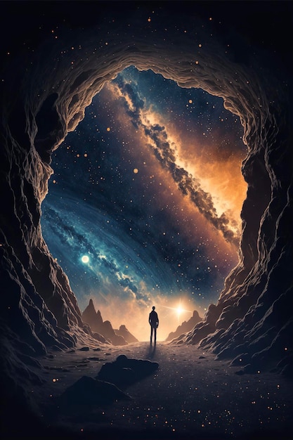 Man in the cave looking out into the universe