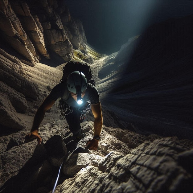 Photo a man in a cave with a flashlight on his head