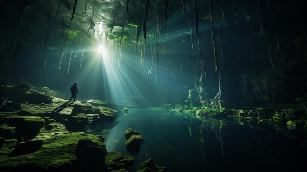 a man in a cave with a light shining through the water