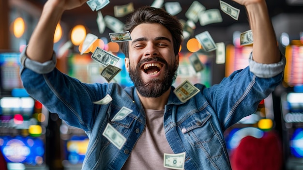 Photo man celebrating as he wins casino jackpot surrounded by money and slot machines in the background