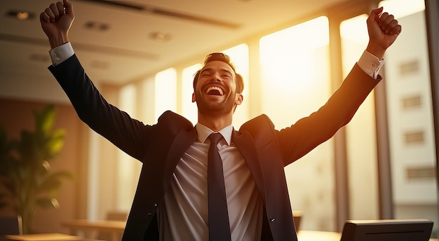 Photo a man celebrating success in a modern office at sunset with a city skyline in the background