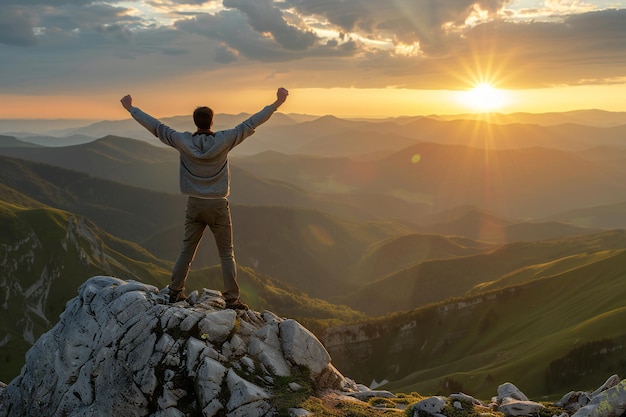 Photo man celebrating success on mountain top triumph and adventure in scenic high altitude landscape