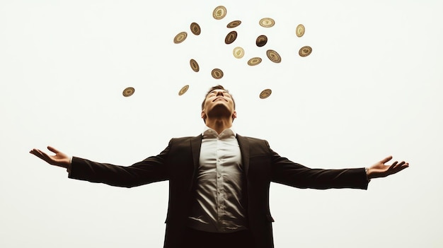 Man Celebrating Success with Falling Coins