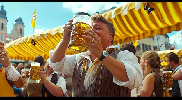 Photo man celebrating with a large beer at a lively outdoor festival