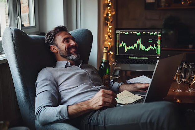 Photo man in a chair looking at stock charts and enjoying a drink