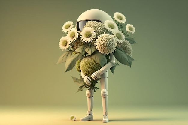 Man chamomile robot holding a bouquet of flowers greeting card illustration Generative AI