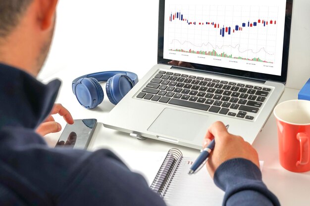 Man checks on his computer and cell phone the movement of his stocks on the stock market