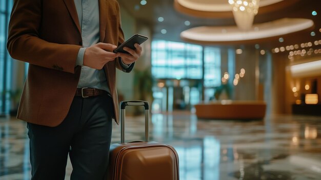 Photo a man checks his phone while standing in a luxury hotel lobby carrying a suitcase during a business trip in the evening light