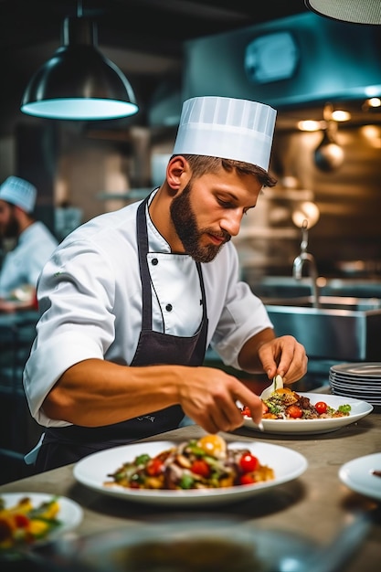 Man in chef's hat is preparing food on plate Generative AI