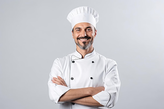 A man in a chef's hat smiles with his arms crossed.