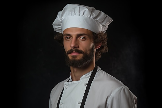 A man in a chef's hat and white chef's hat stands in front of a black background.