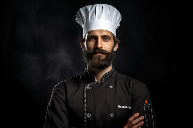 A man in a chef's uniform stands with his arms crossed.