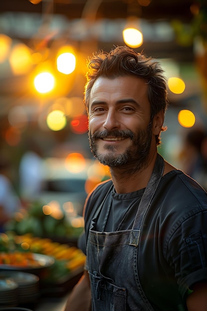 a man in a chefs hat is smiling in front of a counter full of food