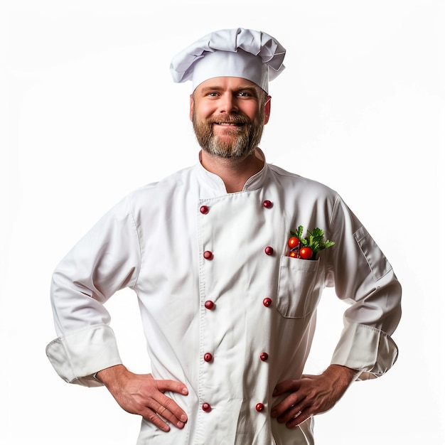 a man in a chefs uniform with a red buttoned buttoned down shirt