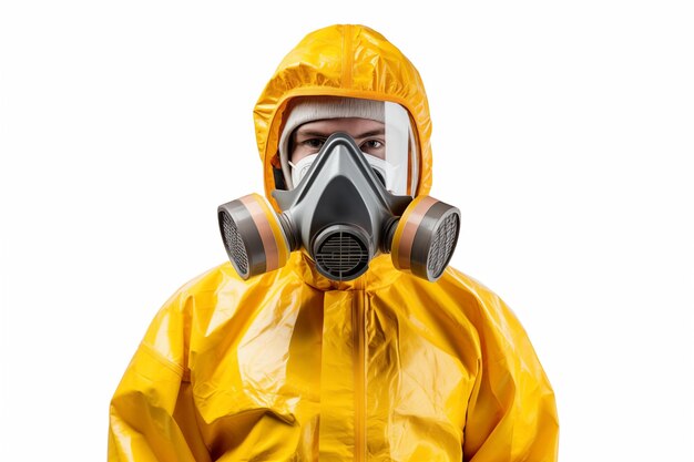 Man in chemical protective suit with gas mask isolated on white background