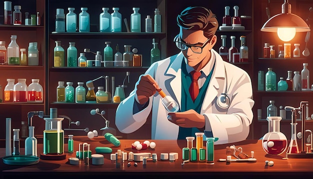 Man chemist checking bottle of pills and chemistry tools working late for medical researching