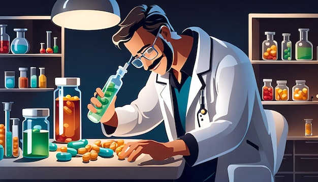 Man chemist checking bottle of pills and chemistry tools working late for medical researching