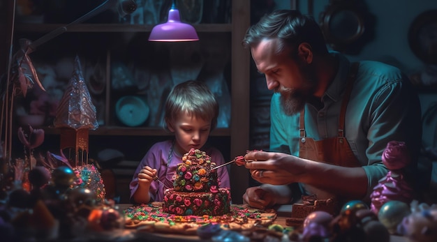 A man and a child are cooking a christmas cake in a dark room