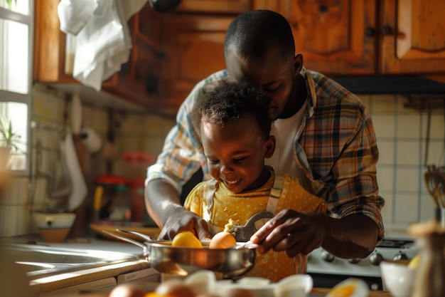 a man and a child are cooking in a kitchen with eggs