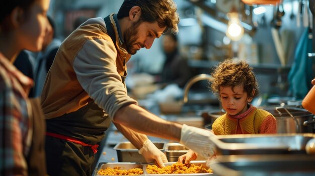 Photo a man and a child are cooking in a kitchen with a man and a child