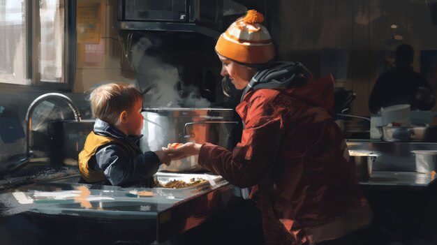 Photo a man and a child are cooking in a kitchen