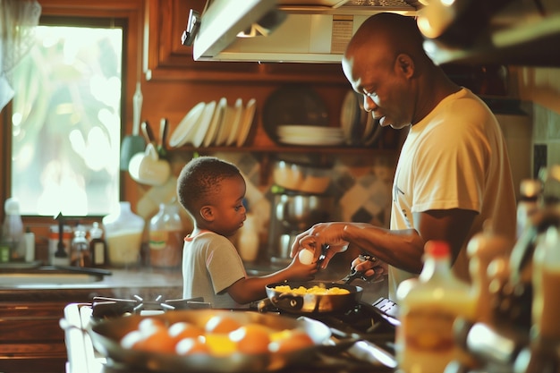 a man and a child are cooking in a kitchen