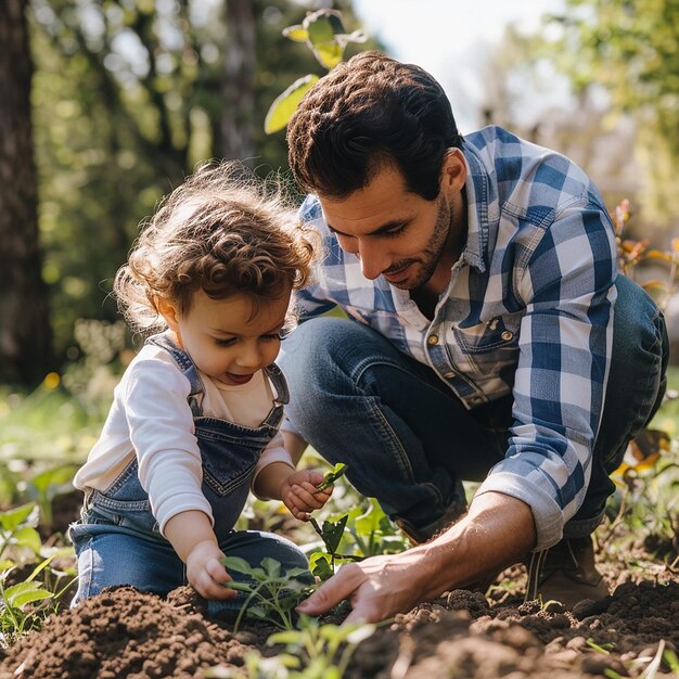 a man and a child are digging in the soil