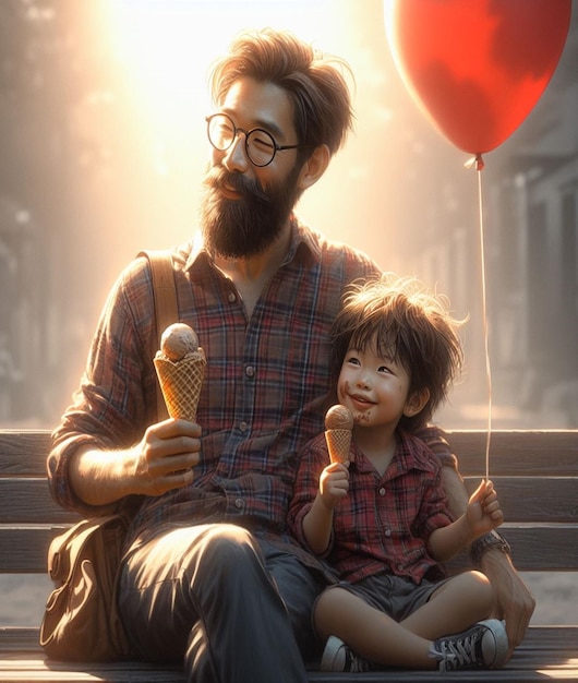 a man and a child are eating an ice cream cone