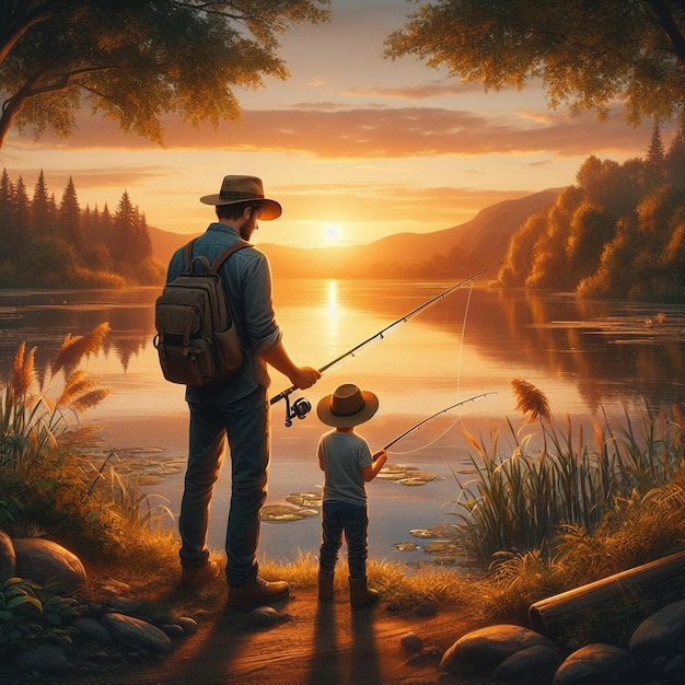 a man and a child are fishing in a lake at sunset