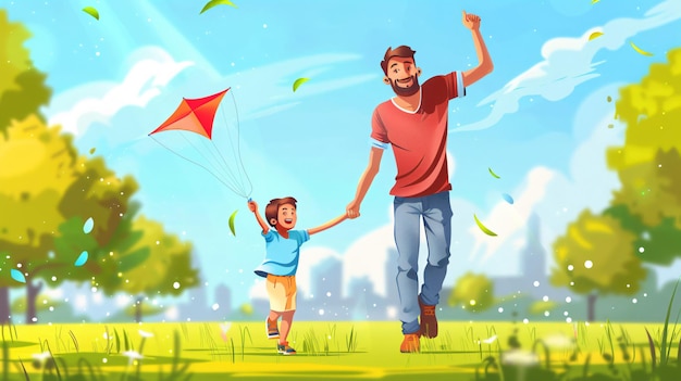 a man and a child are flying a kite in a park