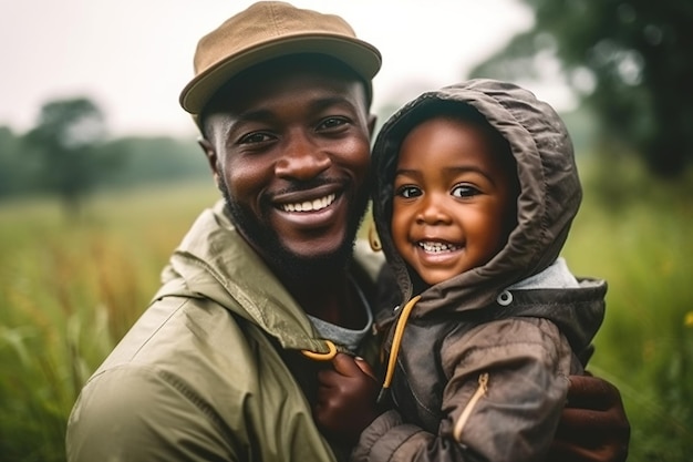 A man and a child are holding each other in a field.