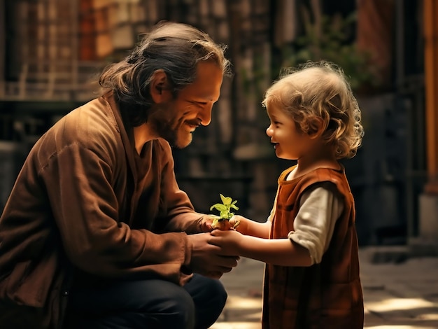 a man and a child are holding flowers and a child is holding a flower