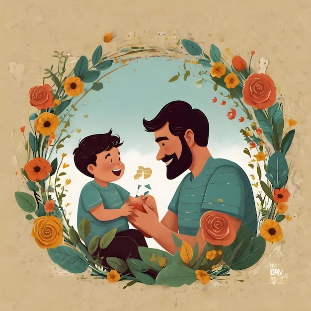 a man and a child are holding hands in a frame with a picture of a man and a flower