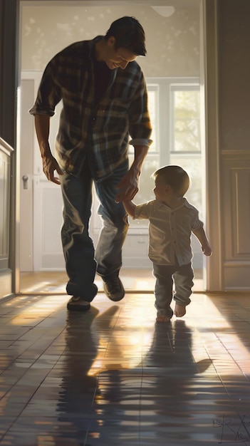 a man and a child are holding hands and walking in a hallway