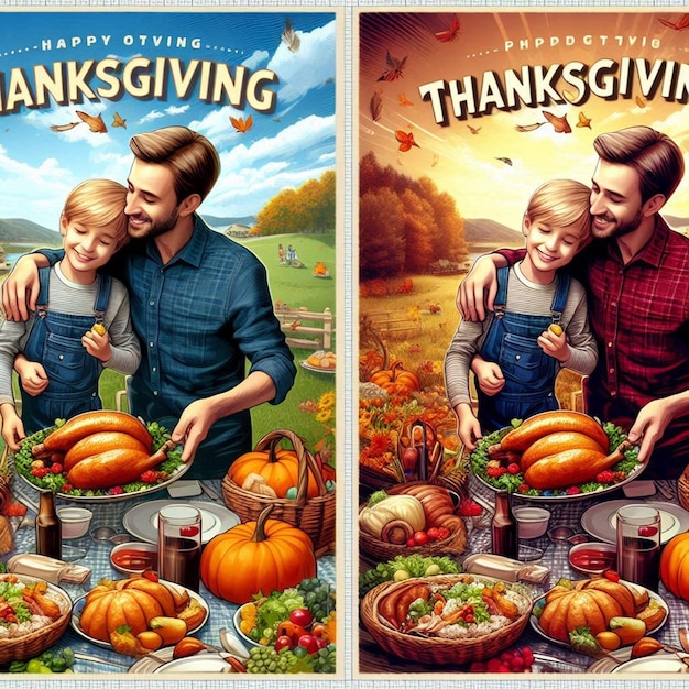 a man and a child are holding a plate of pumpkins