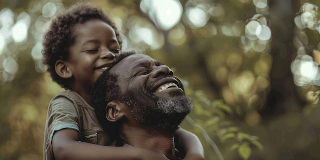 A man and a child are hugging each other in a forest